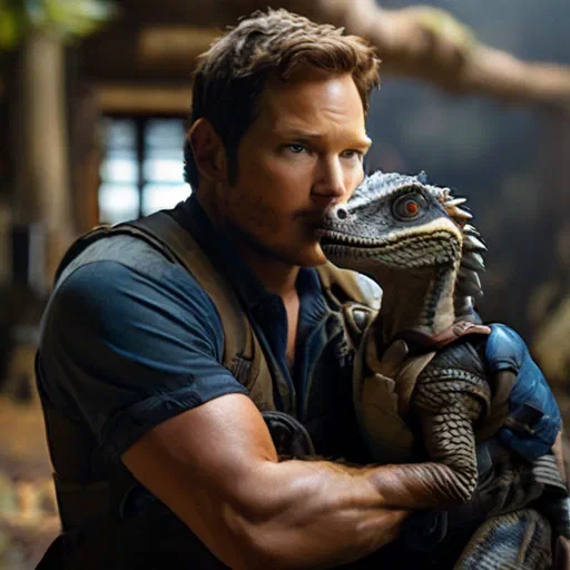 **Prompt :** *Chris Pratt as Owen Grady in Jurassic World hugs Blue, the baby Velociraptor*