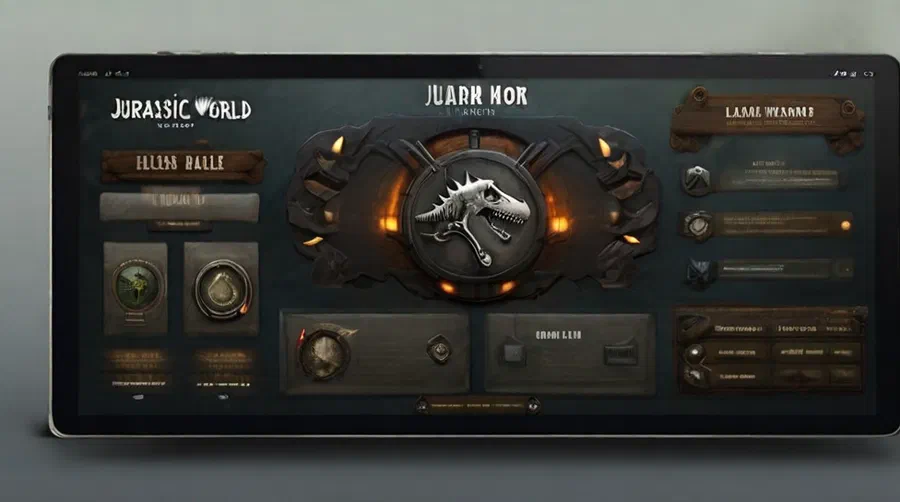 **Prompt :** *UI elements for a jurassic world themed website, based on management interfaces seen in the movie* (Leonardo.ai génère par défaut plusieurs images pour le même prompt)