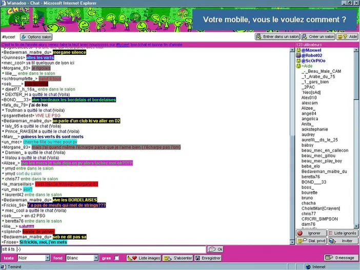 Capture d'écran du logiciel de chat Wanadoo avec une liste de messages et des utilisateurs connectés.