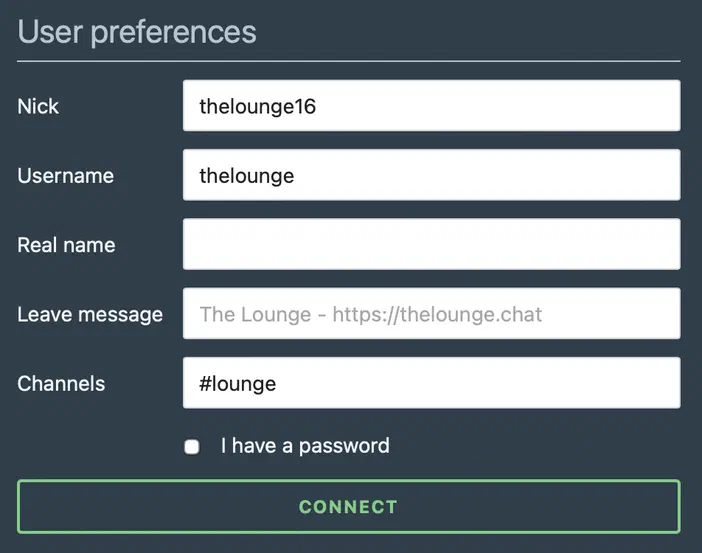 Interface de connexion du logiciel The Lounge avec des champs pour le nom d'utilisateur, le pseudo et un bouton CONNECT.