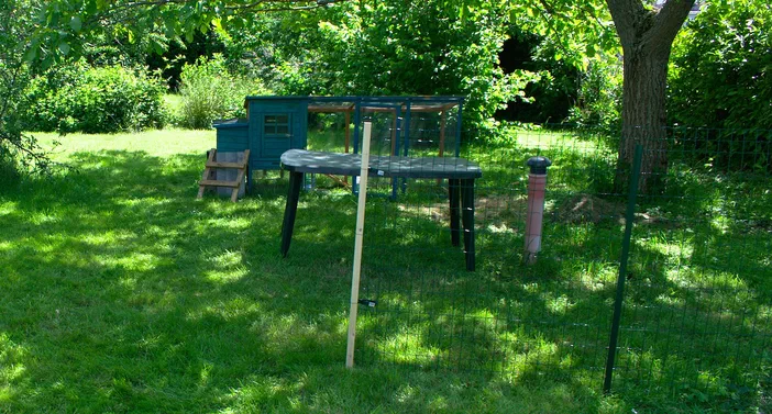 Poulailler en bois classique dans un jardin ombragé avec une table et des clôtures.