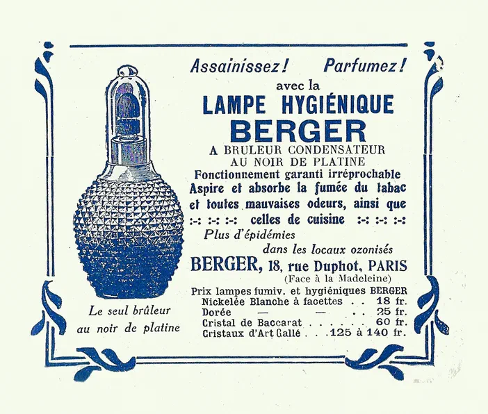 Publicité de la Lampe Hygiénique Berger en noir de platine pour assainir et parfumer les locaux.