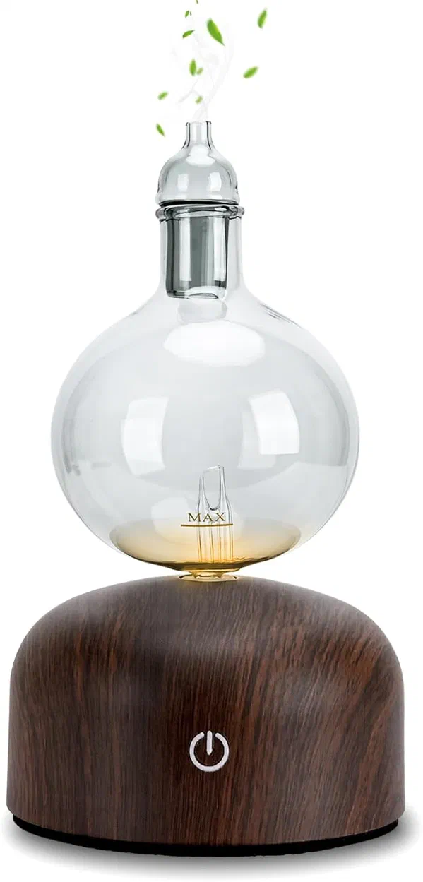 Diffuseur d'huiles essentielles en verre sphérique sur base bois avec bouton marche/arrêt