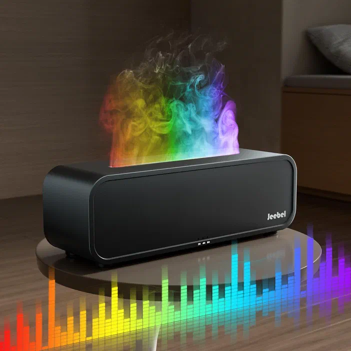 Un diffuseur d'huiles essentielles noir émettant une vapeur colorée sur un meuble en bois.