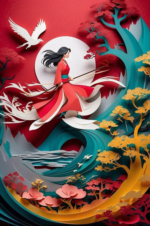 **Prompt :** *A mesmerizing paper-cut animation of the iconic tale of Mulan comes to life on the screen. Every delicate detail meticulously crafted out of paper unfolds before your eyes, showcasing the determined spirit of Mulan. The intricate paper scenes blend vibrant colors with the ancient art of papercutting, capturing Mulan's courage and determination as she goes against societal expectations to protect her family and honor. This enchanting animation captivates viewers with its exquisite precision and awe-inspiring artistry, immersing them in the compelling story of Mulan's heroic journey. (((Paper cutting art style))), by Skyrn99, high detail, high quality, high resolution, dramatically captivating*, créé par [skyrn99](https://app.leonardo.ai/profile/skyrn99)