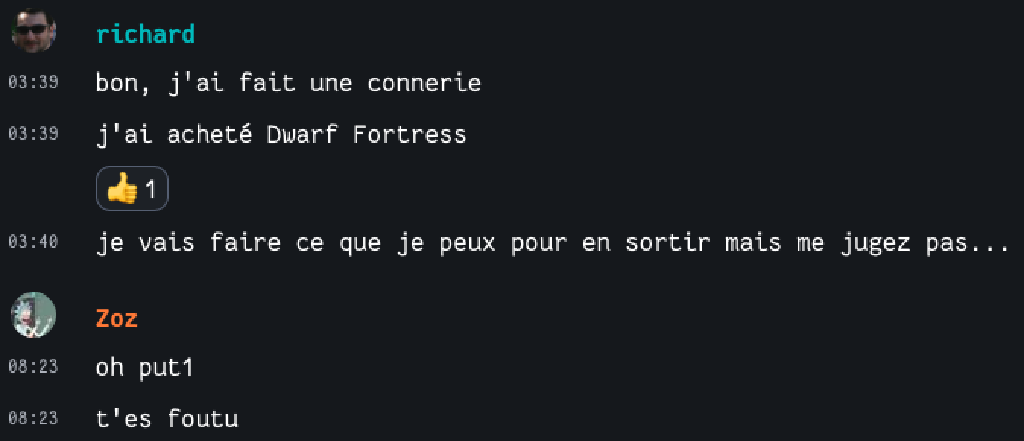 Conversation entre moi et @Zoz sur mon salon Matrix 6zATOt