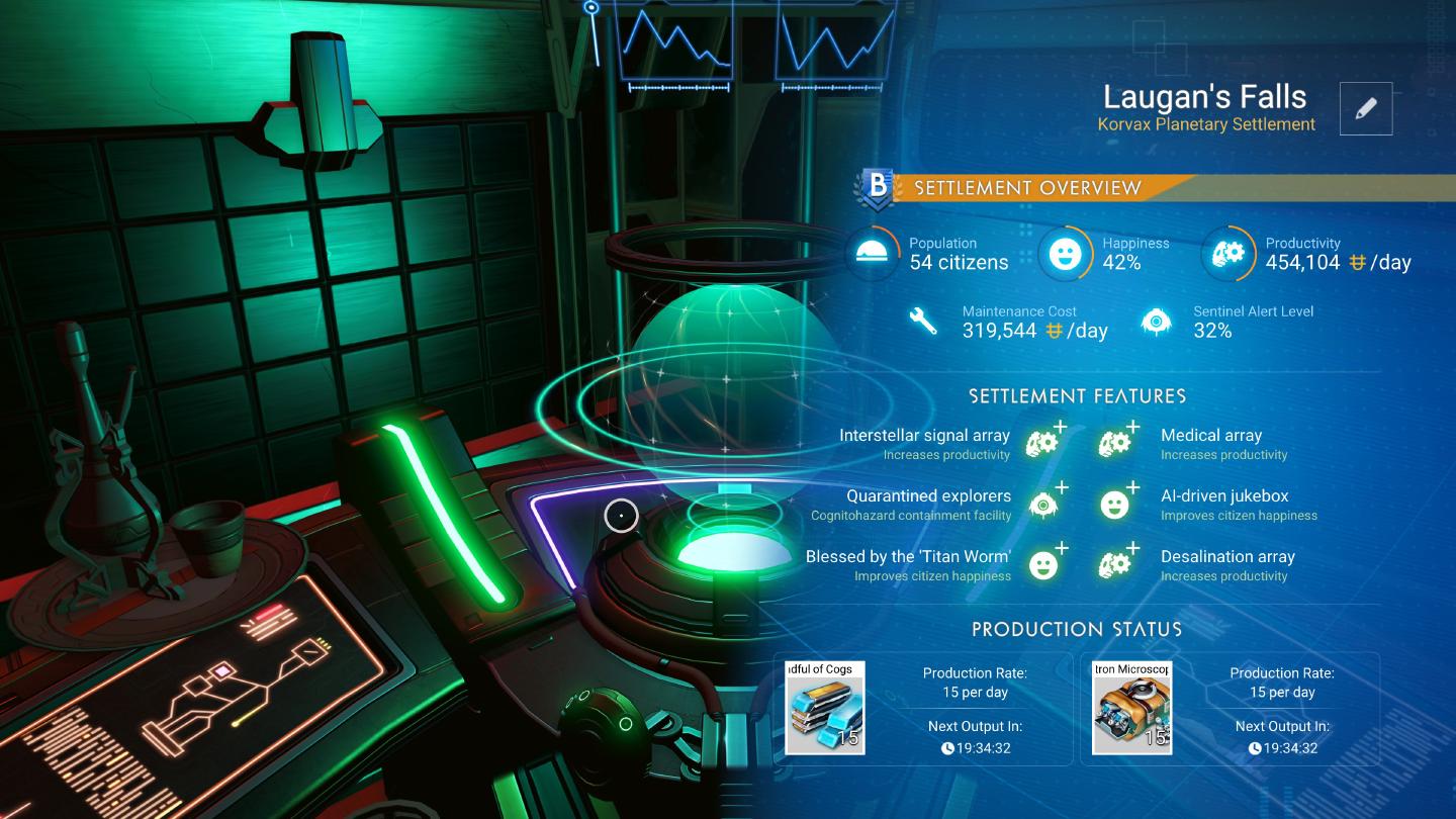 Aperçu de la santé de la colonie et des richesses accumulées (en bas) WS4xYb