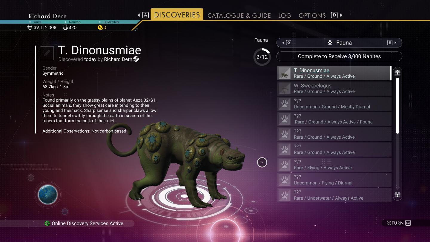 Ici, on peut obtenir 3000 nanites après avoir découvert les 12 espèces animales que compte la planète visitée xg5Iqw