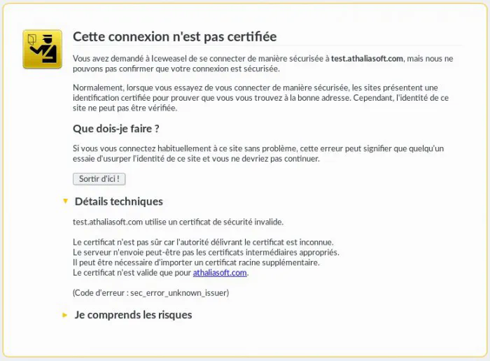 La fenêtre d’avertissement de iceweasel/firefox