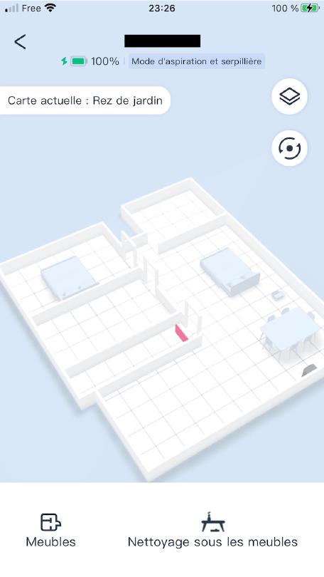Carte en 3D avec quelques repères mobiliers qui servent à indiquer à l'aspirateur où intervenir ponctuellement. Il est possible de rajouter ou modifier les meubles détectés. Ce n'est pas les Sims, mais c'est sympa ! pXCOab