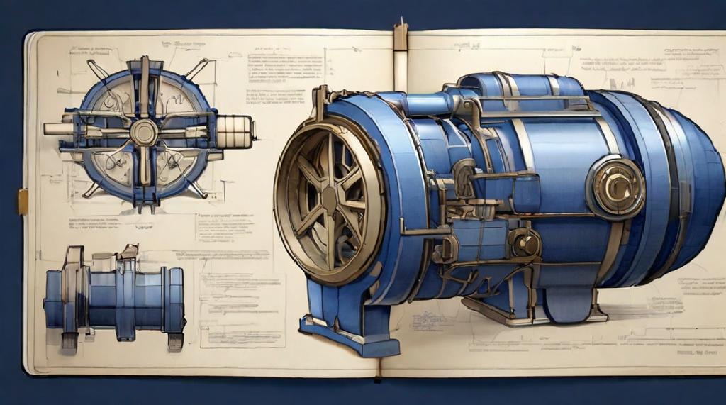 **Prompt :** *sketchbook style. blueprint of a large and complex machinery. details of parts all around the main design.* Je raffole des illustrations techniques et scientifiques. Nhss5h