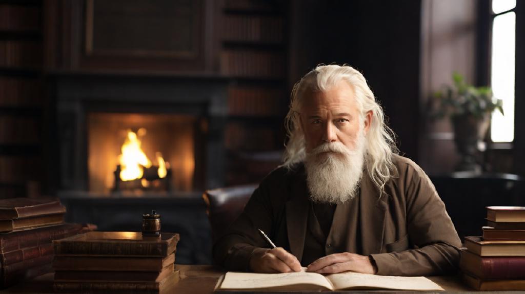 **Prompt :** *the vast office of a successful philosopher. The man, aged 70 but not overweight, has white hair and a beautiful white noble beard, and deep concentration can be seen in his eyes up and fully open. he is sitting in front of his desk in a chair, thinking. On the beautiful classy wooden desk lies various carnets, logbooks, pens, in which he wrote and drew schematics. behind him there is a lit fireplace, giving a warmth atmosphere. There is a light smoke is in the air. Everything looks noble. Every wall of the room is covered by numerous libraries full of very interesting books. There is a tall window in the back of the room, from where a warm light comes. camera is up 2/3*. Ma vision personnelle de l'environnement de travail que j'ai depuis 30 ans et que j'espère avoir dans 30 ans. QcTpBt