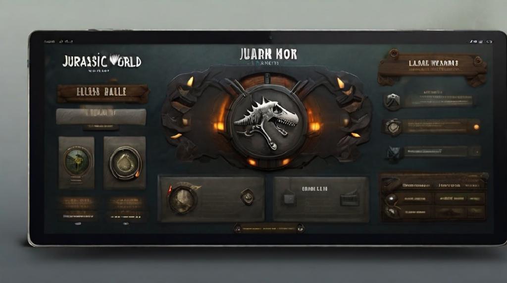 **Prompt :** *UI elements for a jurassic world themed website, based on management interfaces seen in the movie* (Leonardo.ai génère par défaut plusieurs images pour le même prompt) ZNLVyF