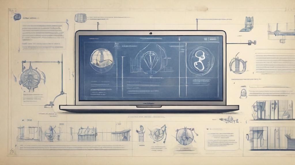 **Prompt :** *sketchbook style. blueprint of a blog. details of website's sections all around the main design.* uBPz01