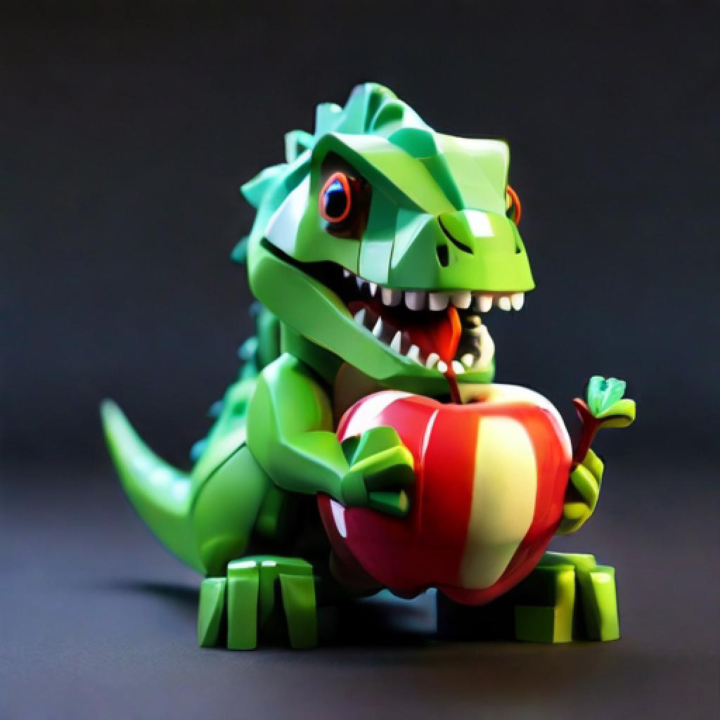 **Prompt :** *an avatar icon of a cute LEGO-style T. rex enjoying an apple. there is a single bite in the apple.* y7lPLL