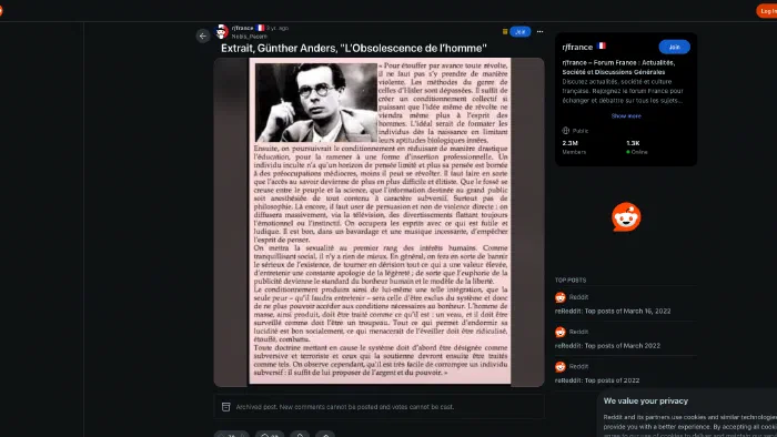 Image de couverture pour Extrait, Günther Anders, "L’Obsolescence de l’homme" : r/france