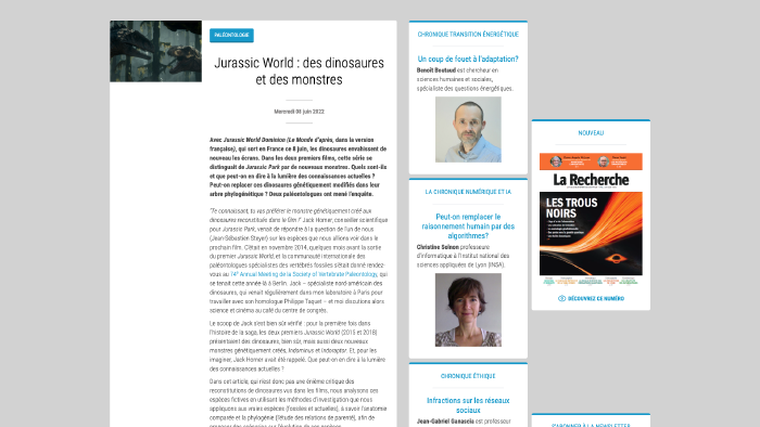 Image de couverture pour Jurassic World : des dinosaures et des monstres | larecherche.fr