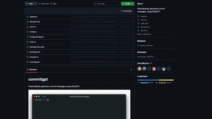 Image de couverture pour GitHub - RomanHotsiy/commitgpt: Automatically generate commit messages using ChatGPT