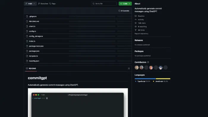 Image de couverture pour GitHub - RomanHotsiy/commitgpt: Automatically generate commit messages using ChatGPT