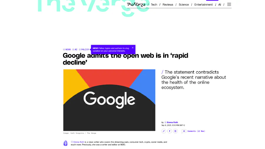 Image de couverture pour Google admits the open web is in ‘rapid decline’ | The Verge