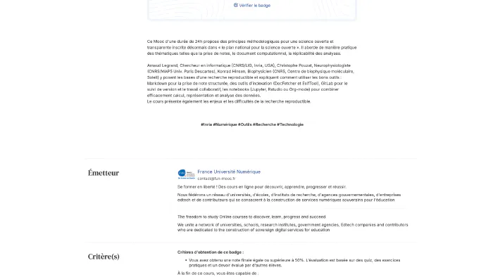Image de couverture pour "Recherche reproductible : principes méthodologiques pour une science transparente" d'Inria - Badge de réussite de la formation