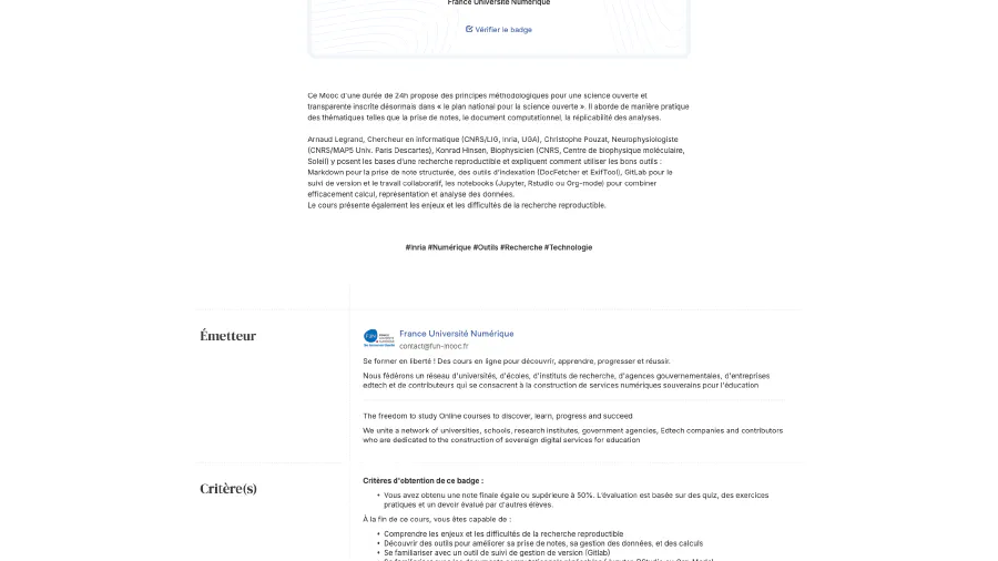 Image de couverture pour "Recherche reproductible : principes méthodologiques pour une science transparente" d'Inria - Badge de réussite de la formation