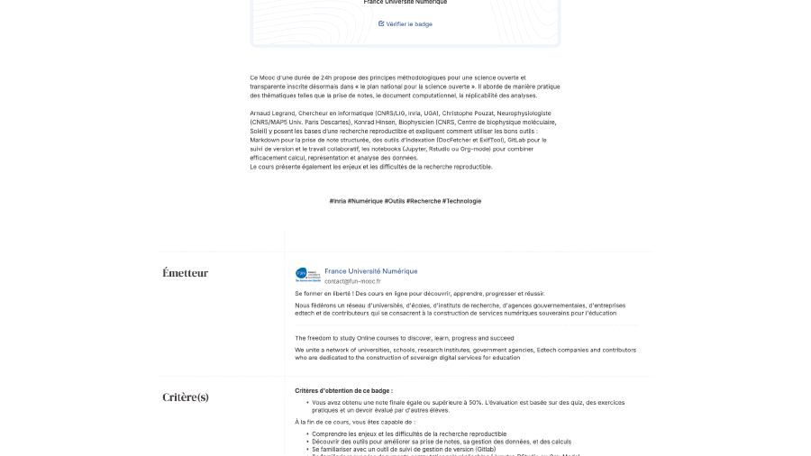 Image de couverture pour "Recherche reproductible : principes méthodologiques pour une science transparente" d'Inria - Badge de réussite de la formation