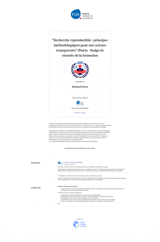 Couverture de "Recherche reproductible : principes méthodologiques pour une science transparente" d'Inria - Badge de réussite de la formation